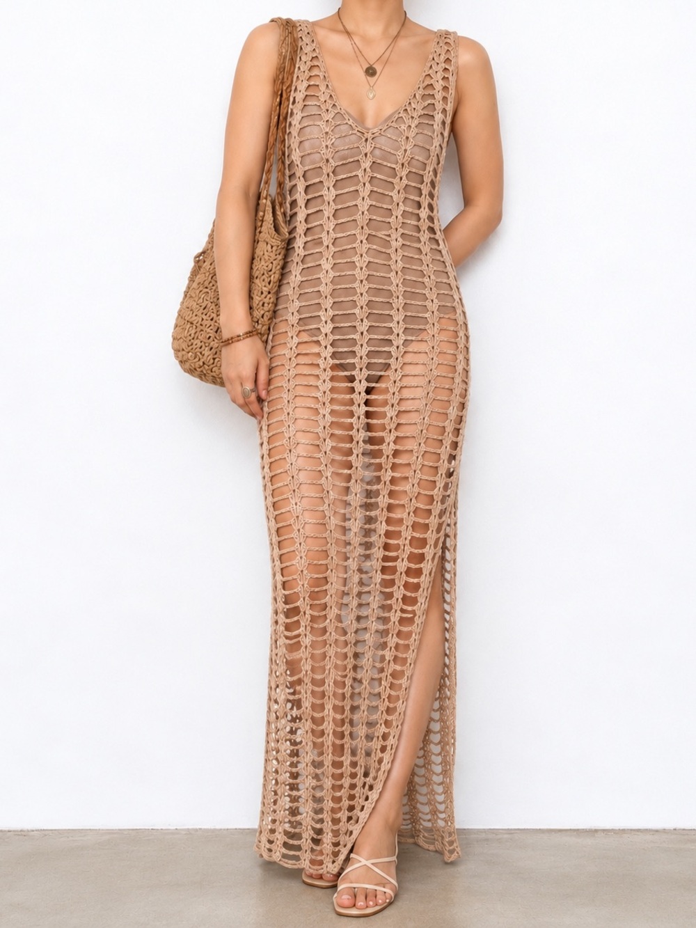 Fashion Nova Crochet Beach Cover-Up Maxi Dress in Tan